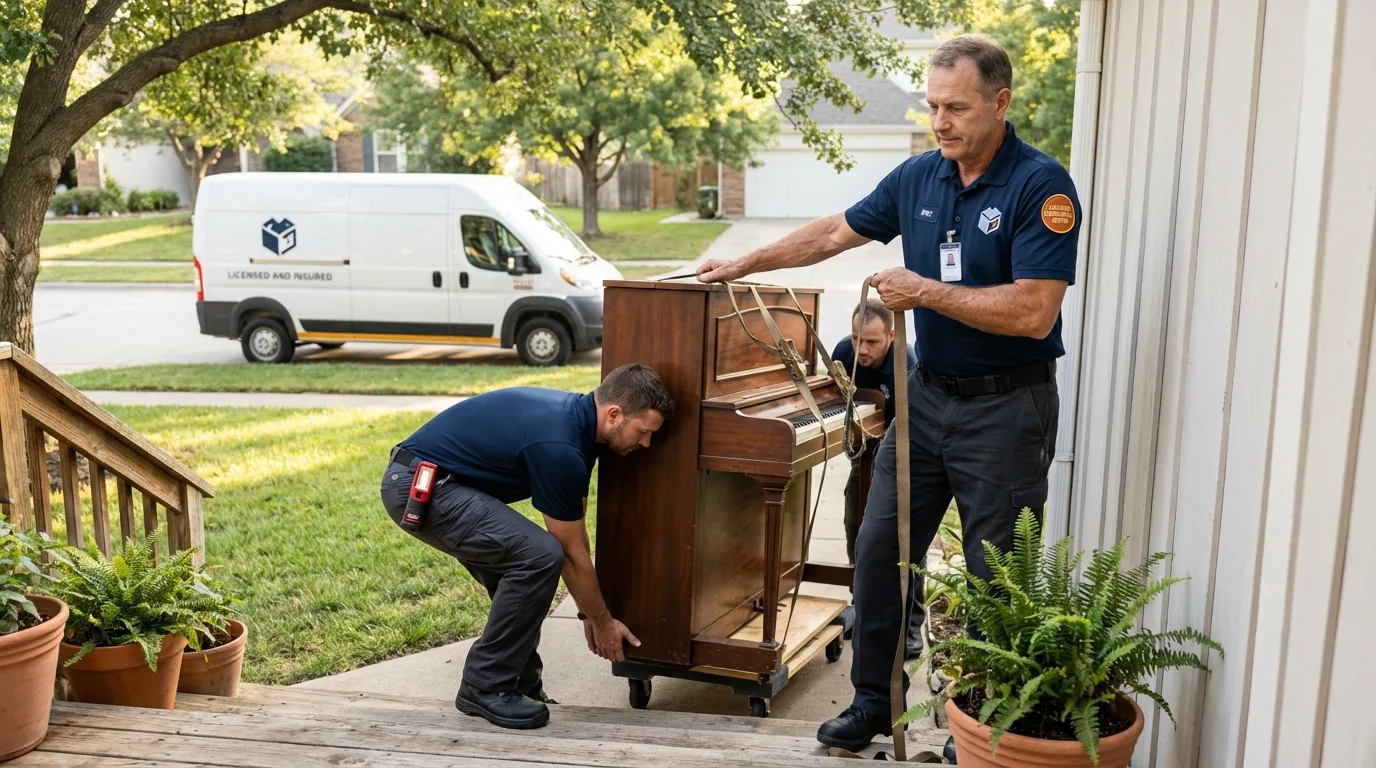 Licensed piano movers securing grand piano in Monona, IA