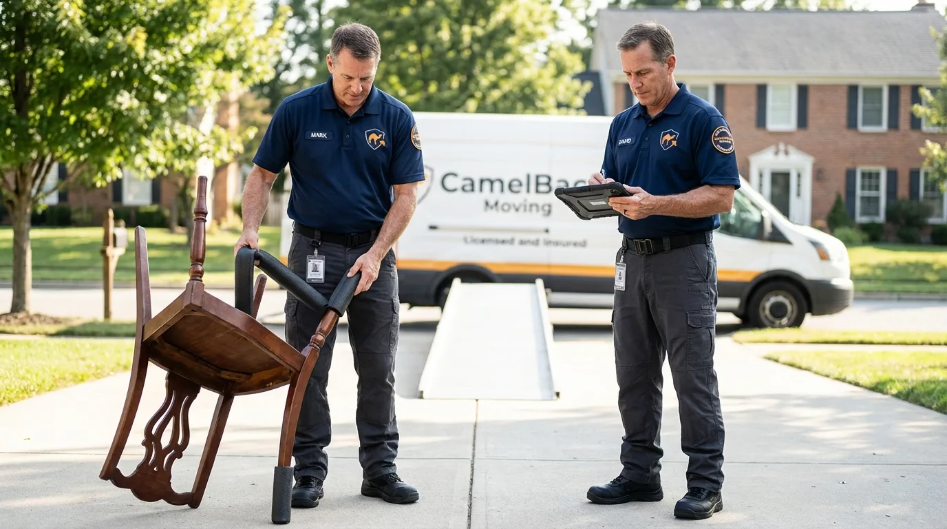 Movers inspecting furniture for damage prevention before loading in Monona, IA