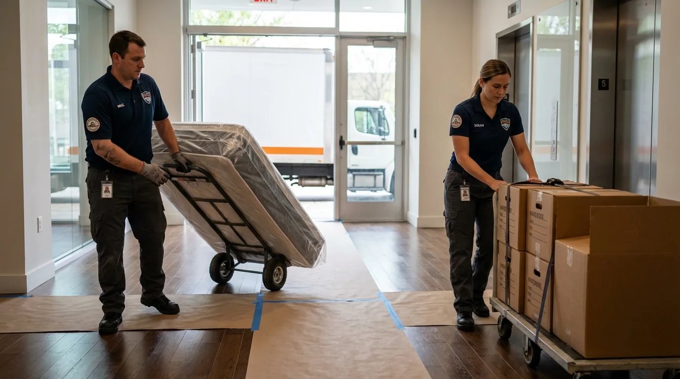 Professional apartment movers loading elevator in Monona, IA